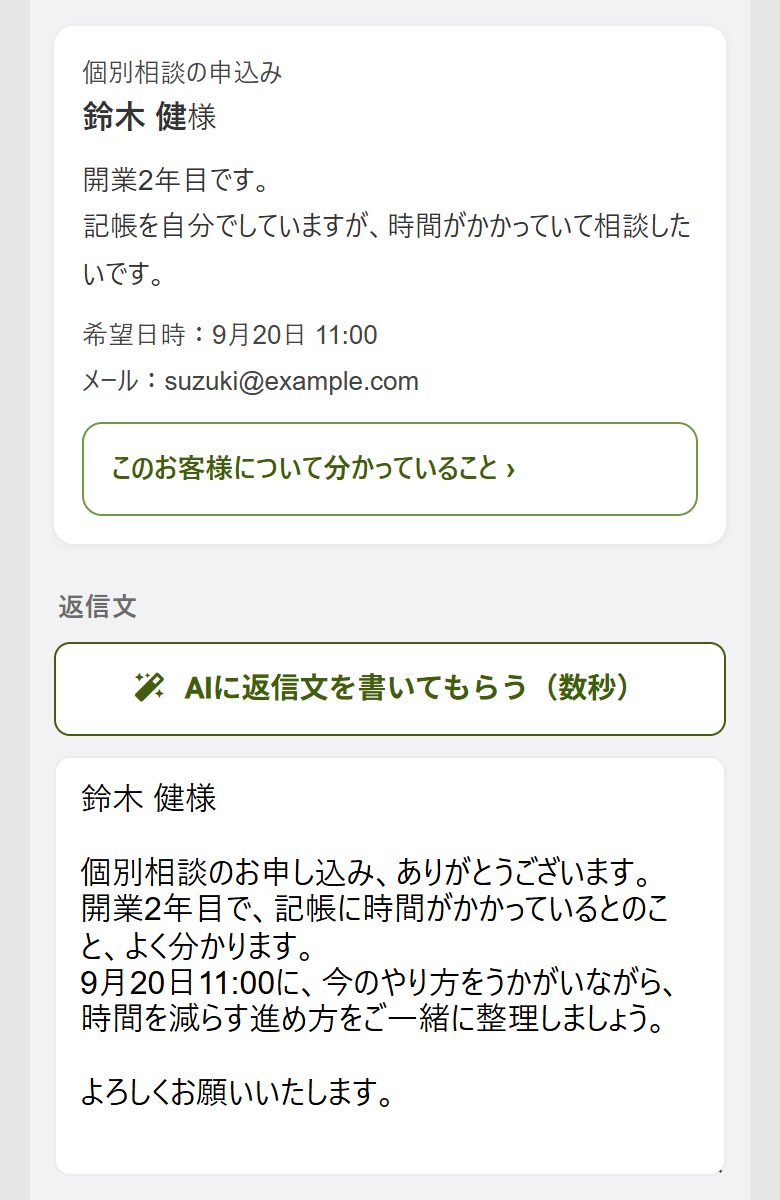 返信画面の例。お客様の申込み内容の下に、返信文の下書きがある